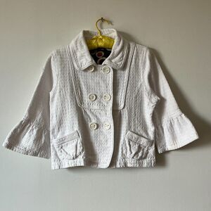 2000s White Textured Cotton Double Breasted Button Collared Swing Jacket Medium